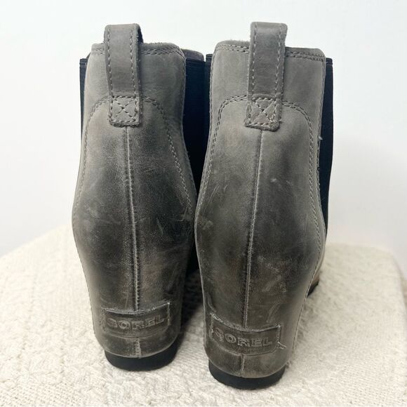 Sorel Lea leather wedge ankle boot booties gray factory distressed round toe - Picture 5 of 9